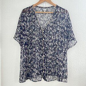 Converse One Star Blouse Cover Up Womens XL Blue Sheer Button Front Geometric